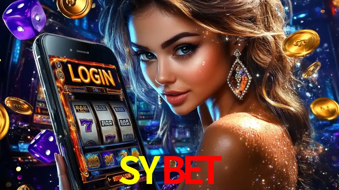 Mulher glamorosa segurando um smartphone com a tela de login para os jogos de caça-níqueis do cassino online SYBET, com moedas de ouro e dados ao redor.