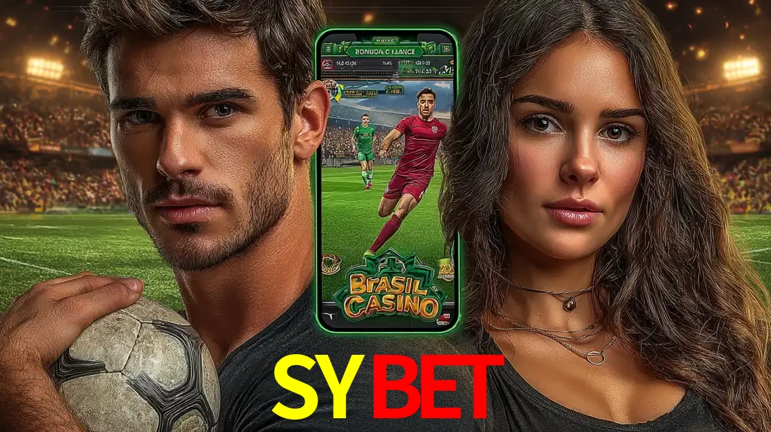 Homem segurando uma bola de futebol e uma mulher ao lado de um smartphone exibindo o jogo de apostas esportivas da SYBET. Faça seu palpite no cassino online.